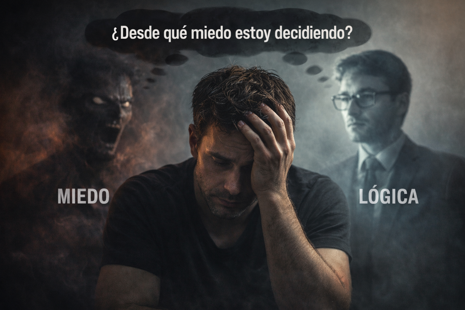 Persona atrapada entre el miedo y la lógica al tomar decisiones importantes