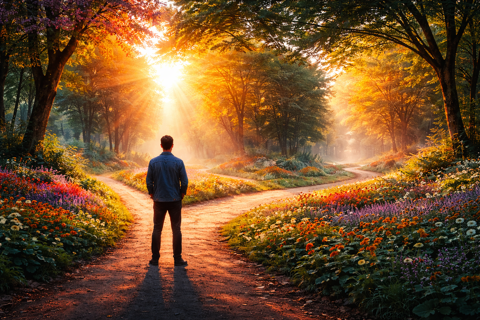 Persona frente a una decisión importante en un cruce de caminos, momento de cambio y reflexión personal
