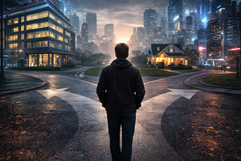 2️⃣ Imagen destacada (debajo del título) Sugerencia: Persona sola frente a distintos caminos urbanos superpuestos (oficina, casa, ciudad), estilo editorial, tonos sobrios, sensación de déjà vu.